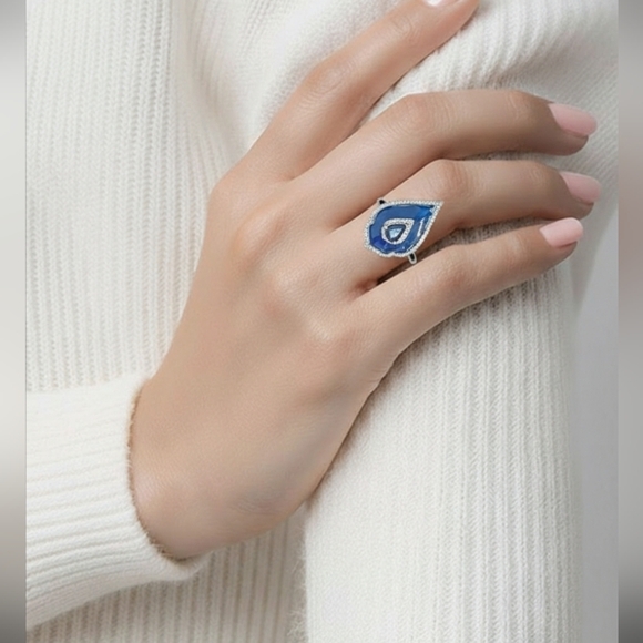 Natural Blue Sapphire 7x5mm & Cz 925 Sterling Silver Enamel‎ Ring 7.75 - Picture 2 of 10